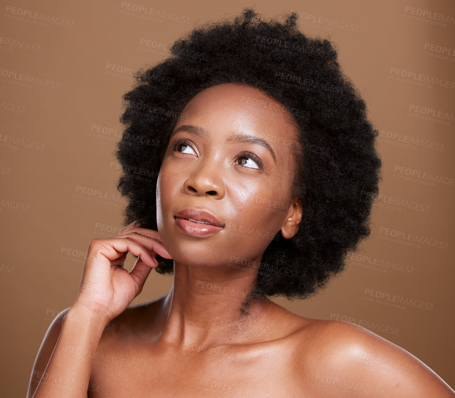 Buy stock photo Black woman, beauty and skincare wellness of a facial treatment, wellness and healthy skin glow. Natural face dermatology, hair care and clean body cosmetics of a thinking woman model thinking