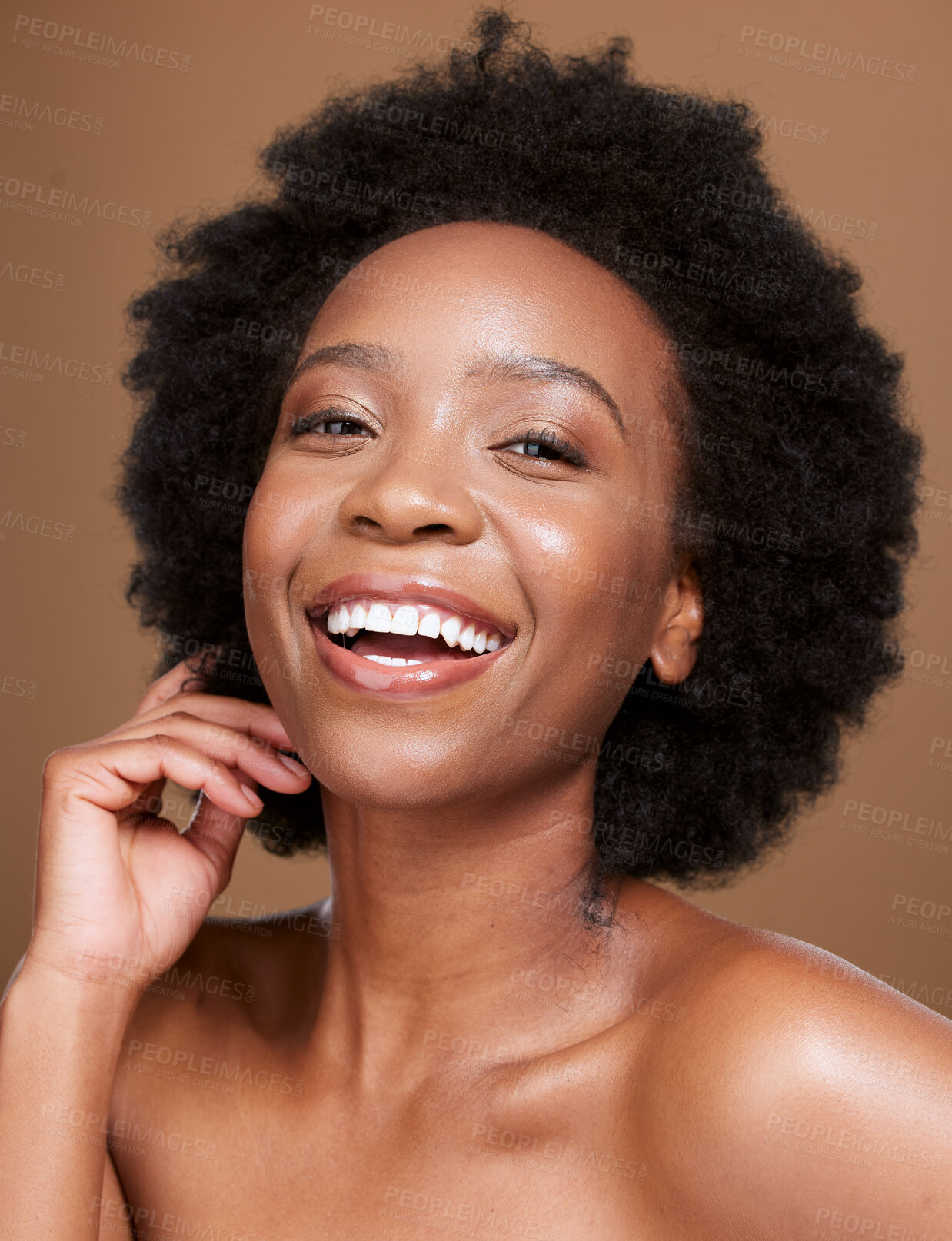 Buy stock photo Beauty, skincare and portrait of African girl happy with skin glow routine, luxury facial makeup or natural cosmetics. Health, salon afro hair care and aesthetic face of black woman with spa wellness