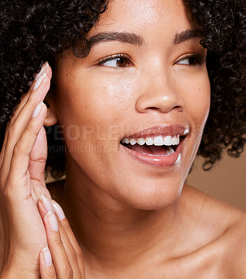 Buy stock photo Face, beauty and skincare with a model black woman in studio for luxury, wellness or treatment. Makeup, thinking and natural care with an attractive young female posing for dermatology or cosmetics