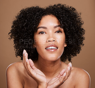 Buy stock photo Face, beauty and black woman skincare, hair care and afro with makeup, cosmetics and aesthetic in brown studio background. Model, skin wellness or healthy facial with natural cosmetics or dermatology