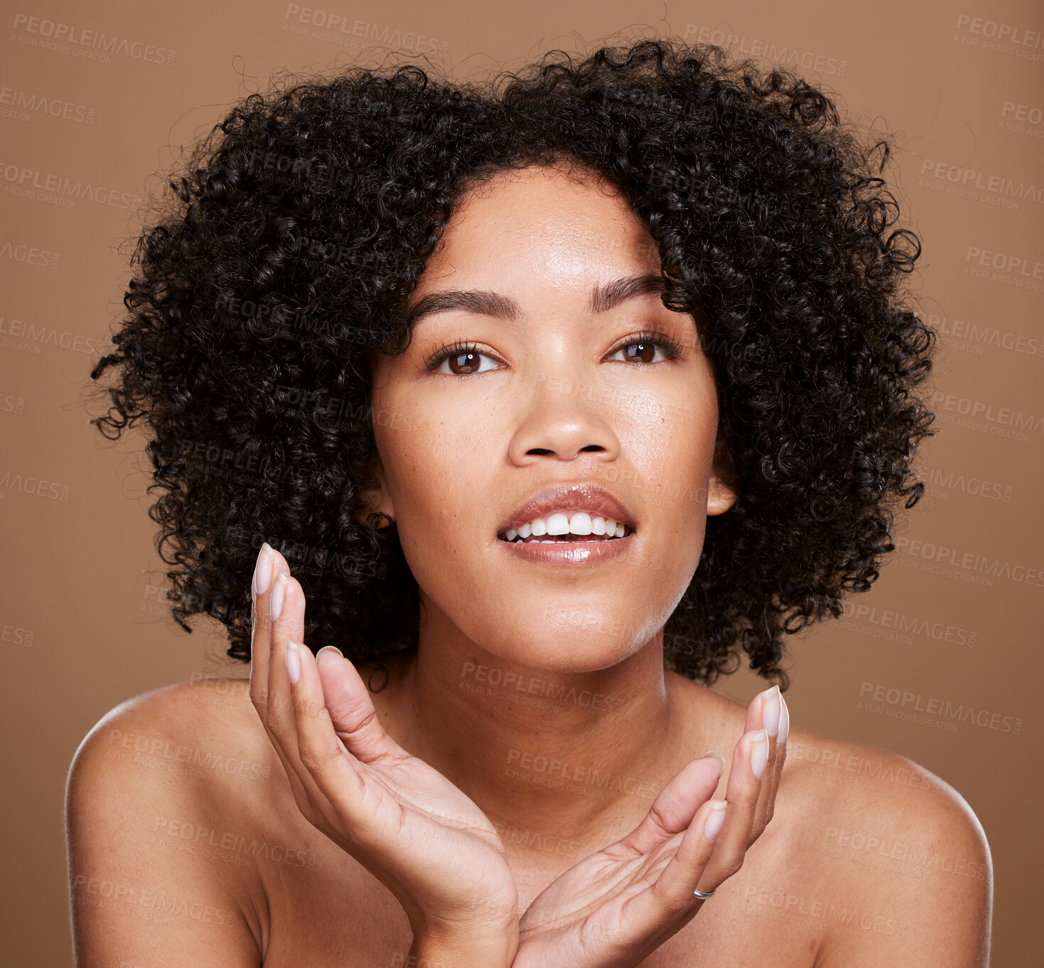 Buy stock photo Face, beauty and black woman skincare, hair care and afro with makeup, cosmetics and aesthetic in brown studio background. Model, skin wellness or healthy facial with natural cosmetics or dermatology