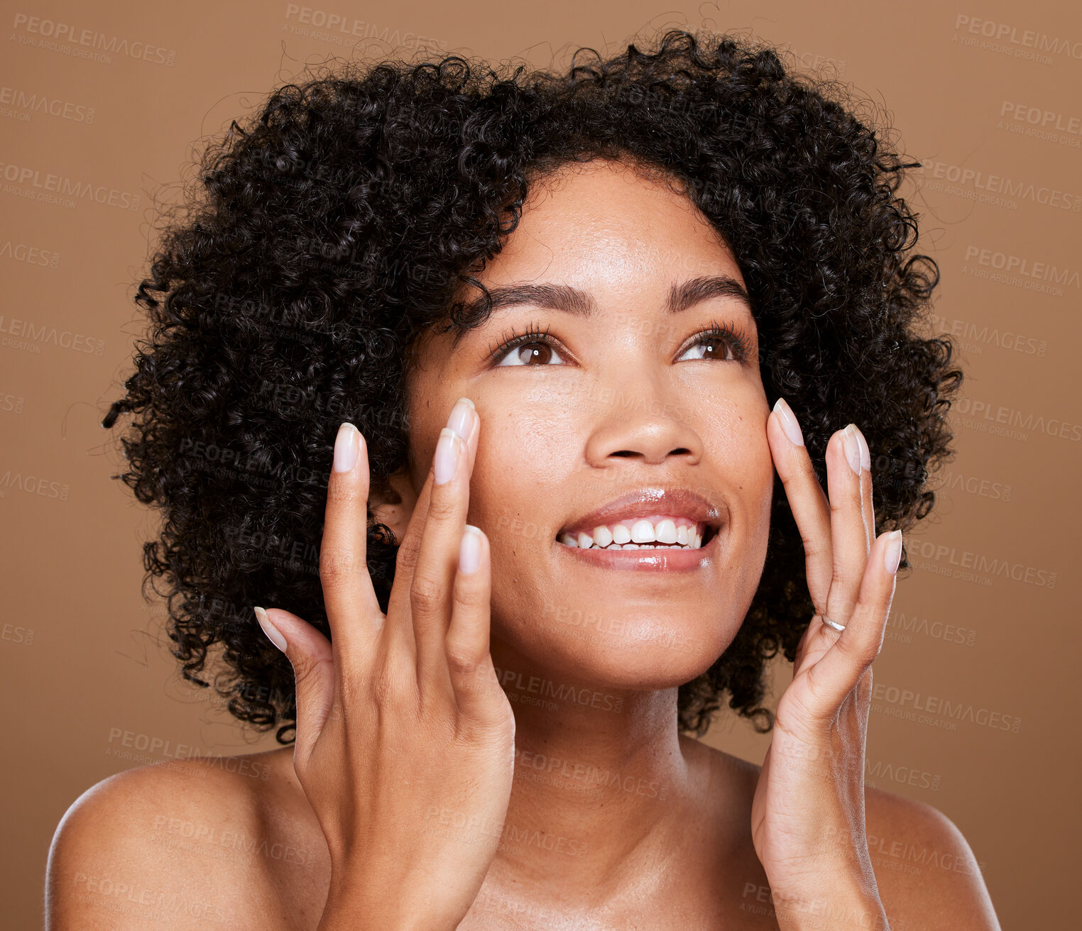 Buy stock photo Beauty, eye skincare and black woman happy about facial wellness, collagen and cosmetic treatment. Healthy skin glow face texture of a woman model smile from cosmetics plastic surgery and botox