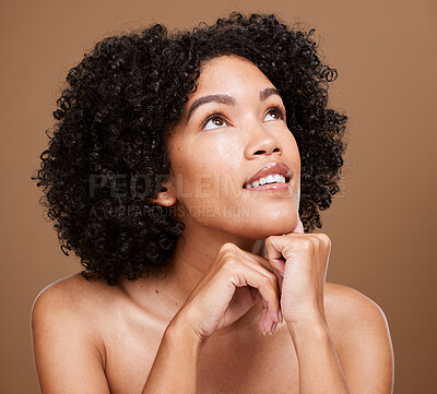 Buy stock photo Black woman, skincare and beauty thinking about hair care wellness and healthy facial skin glow. African young woman model with cosmetics, dermatology treatment and luxury cosmetic body care