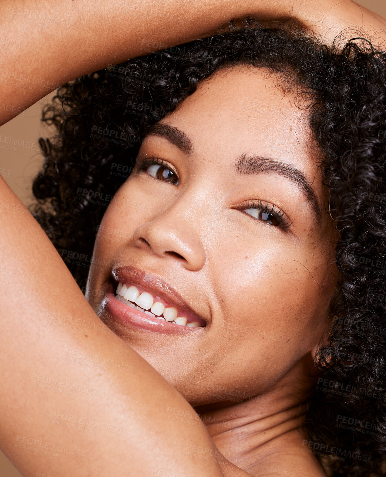 Buy stock photo Black woman, skincare and natural beauty, makeup and facial treatment, dermatology and cosmetics for shine, glow and healthy skin on studio background. Portrait african model, curly hair and face 