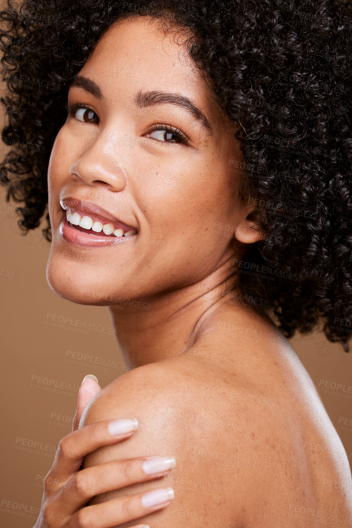 Buy stock photo Beauty, skincare and face portrait of black woman with self care wellness, natural cosmetics and luxury facial makeup. Dermatology, healthcare and aesthetic African model isolated on brown background