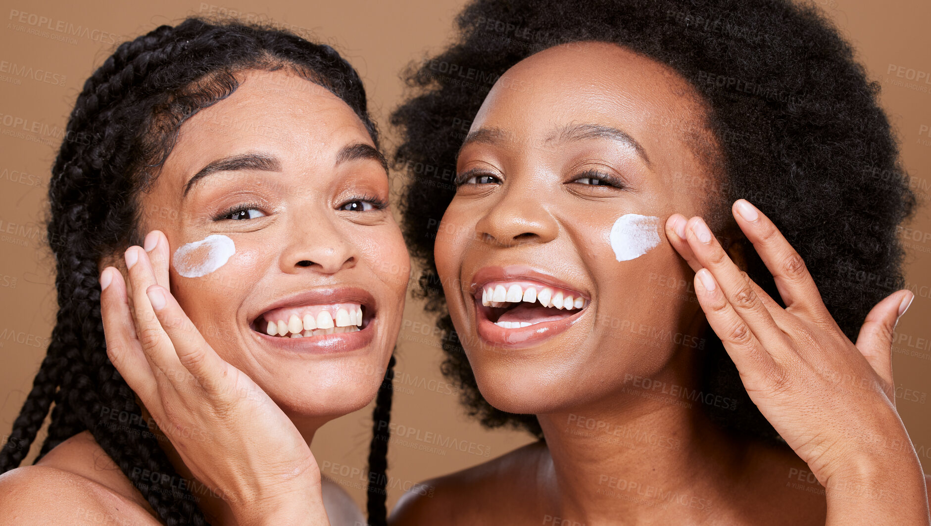 Buy stock photo Black women, facial cream and skincare of friends or beauty model with face lotion and skin wellness. Portrait of black women with a smile with body cosmetics, sunscreen and healthy self care glow 