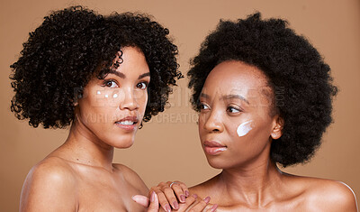 Buy stock photo Black women, cream and skincare portrait, face and wellness product for beauty, cosmetics and studio brown background. Natural model, facial sunscreen or lotion for healthy skin, collagen and glow