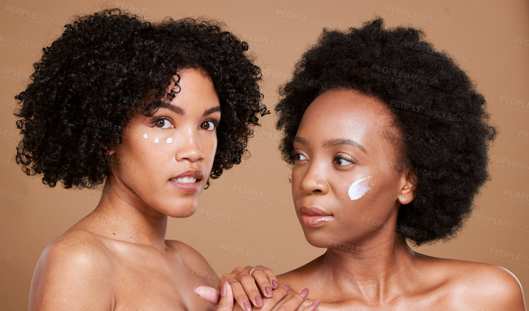 Buy stock photo Black women, cream and skincare portrait, face and wellness product for beauty, cosmetics and studio brown background. Natural model, facial sunscreen or lotion for healthy skin, collagen and glow