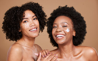 Buy stock photo Skincare, portrait and women in studio for face, cream and product, beauty and wellness on brown background. Friends, black woman and facial, dermatology and luxury cosmetics, skin and hygiene mockup