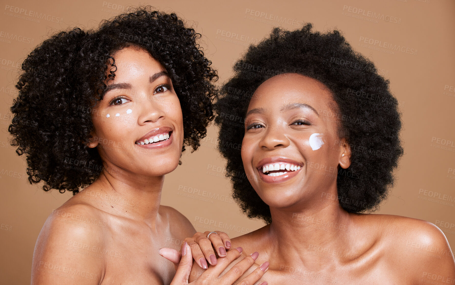 Buy stock photo Skincare, portrait and women in studio for face, cream and product, beauty and wellness on brown background. Friends, black woman and facial, dermatology and luxury cosmetics, skin and hygiene mockup