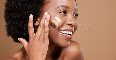 Buy stock photo Black woman, makeup and foundation for skincare beauty, health or wellness in color test. Happy african, cosmetics model smile or facial aesthetic with happiness, self care or self love in studio