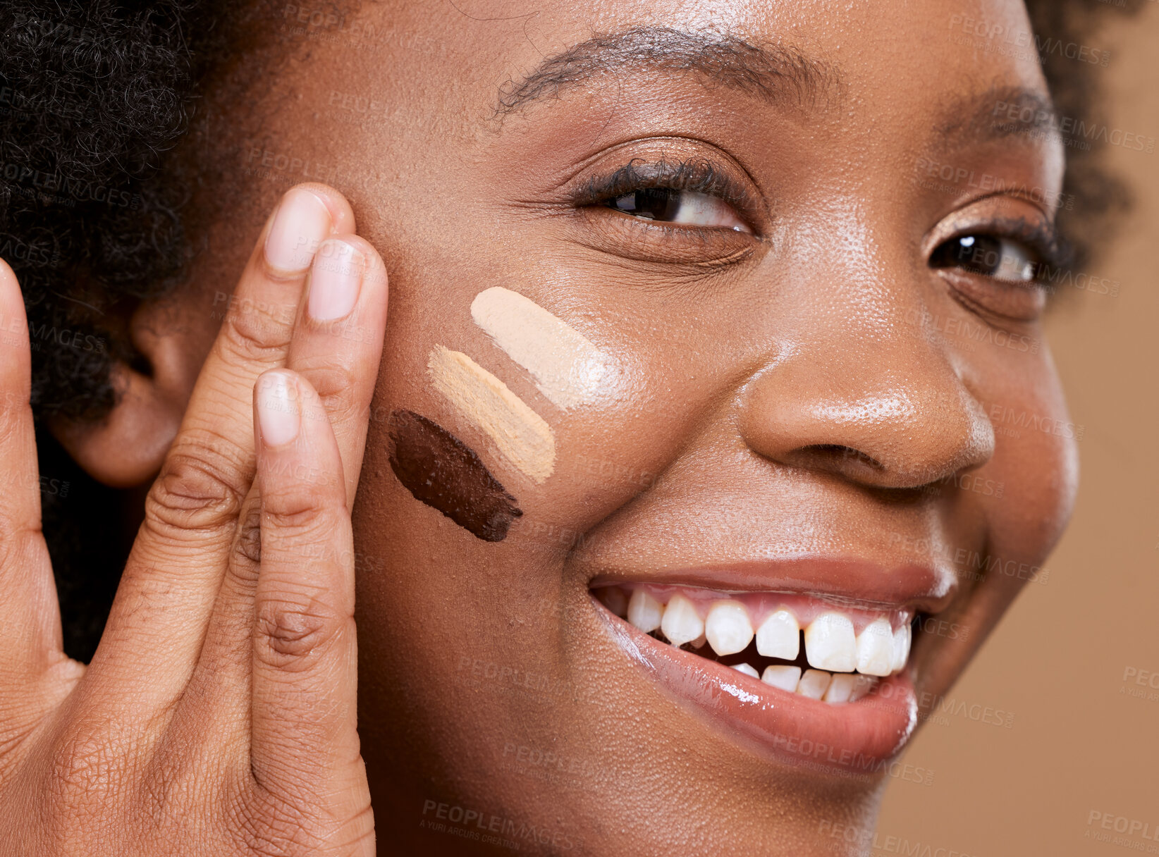 Buy stock photo Black woman, face and makeup smile for foundation, skincare or cosmetics against a brown studio background. Closeup portrait of African American female smiling with teeth in satisfaction for toner