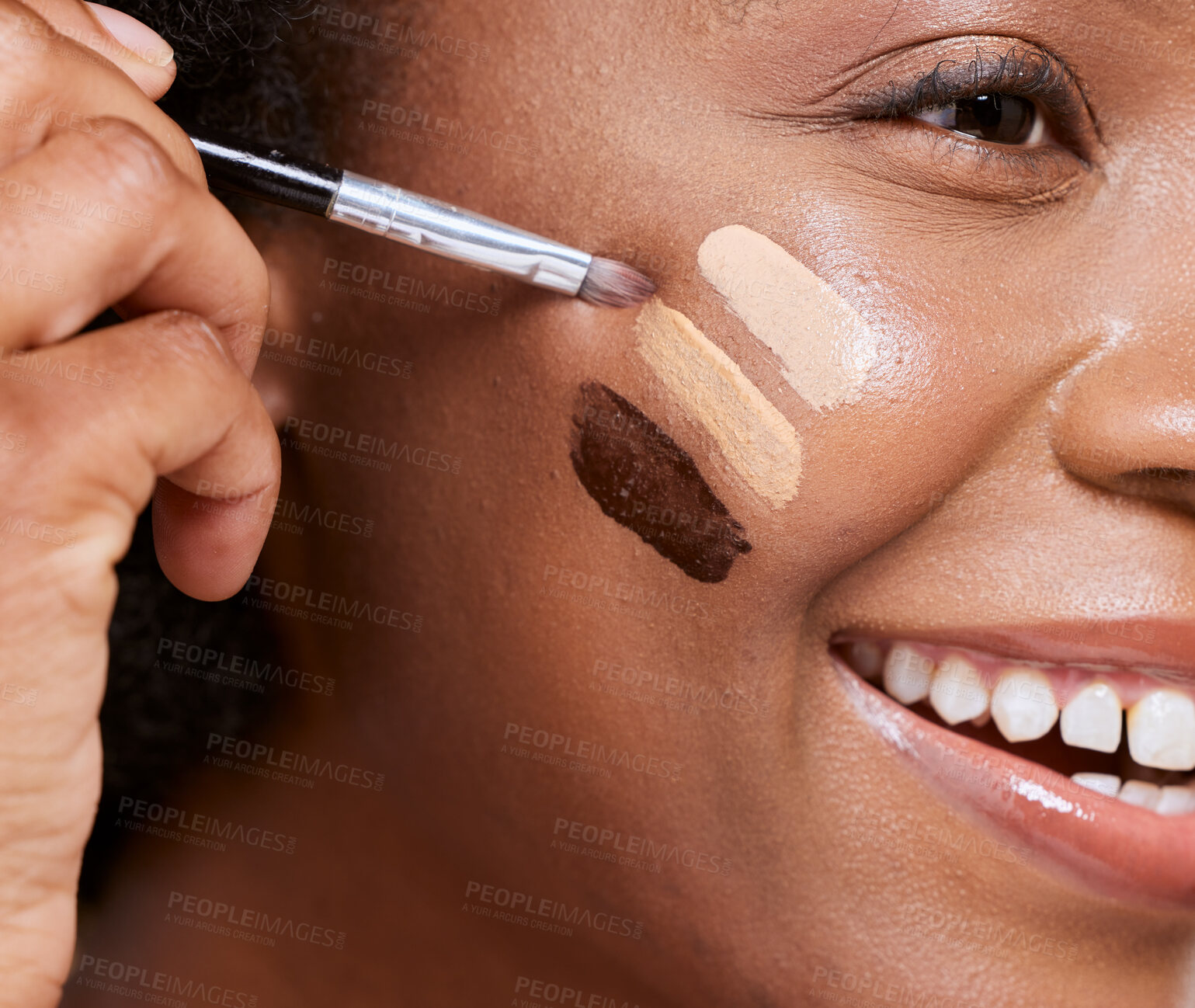 Buy stock photo Happy black woman, zoom and foundation with brush for makeup, skincare and beauty with smile. Model, african woman and facial art for skin, face and dermatology in closeup for soft, glow and radiant