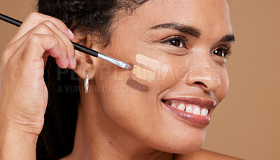 Buy stock photo Black woman, makeup brush and foundation color, beauty and skincare for aesthetics, cosmetics and glowing skin on studio background. Happy african model face apply product shades with facial tools 