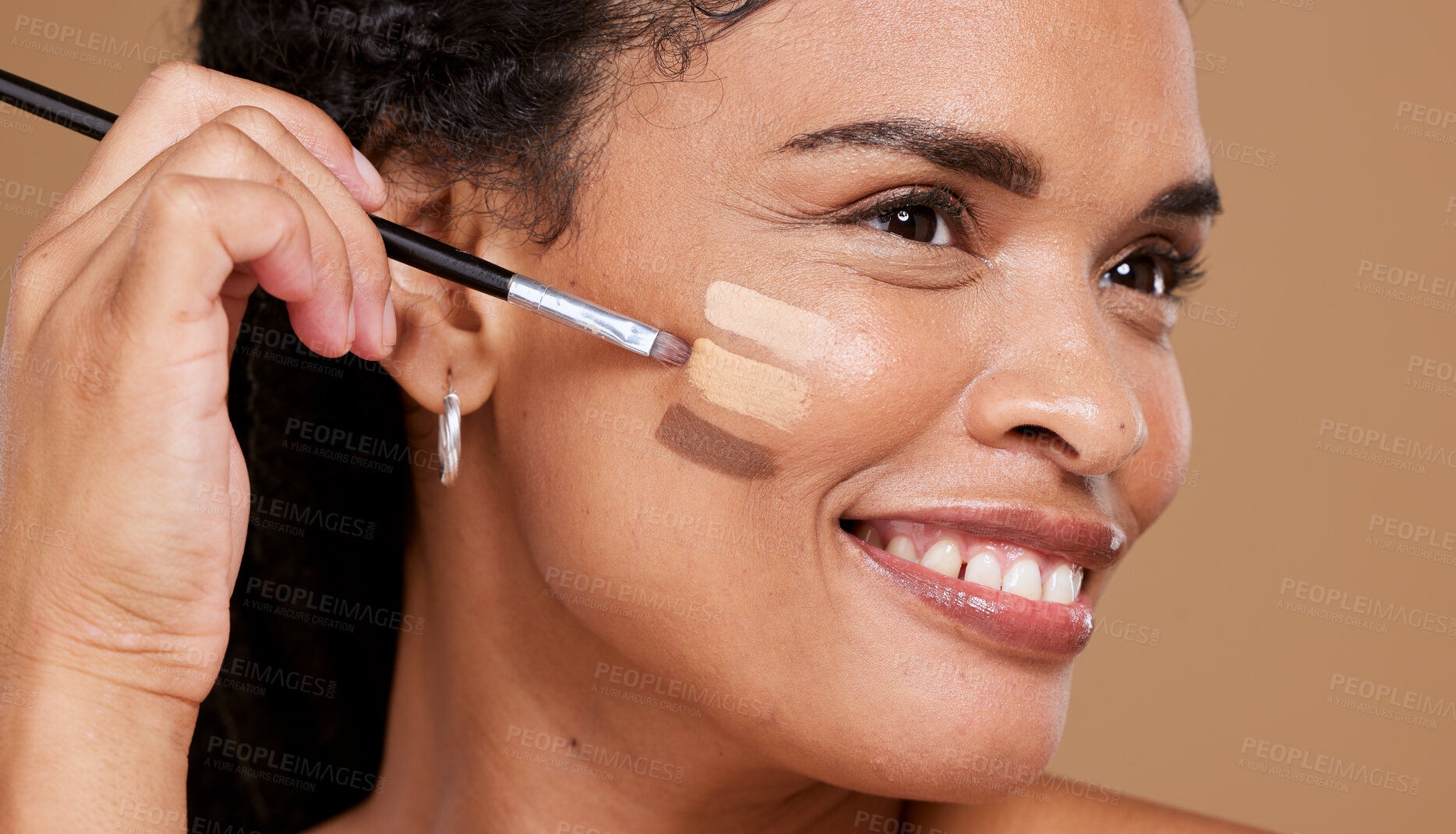 Buy stock photo Black woman, makeup brush and foundation color, beauty and skincare for aesthetics, cosmetics and glowing skin on studio background. Happy african model face apply product shades with facial tools 