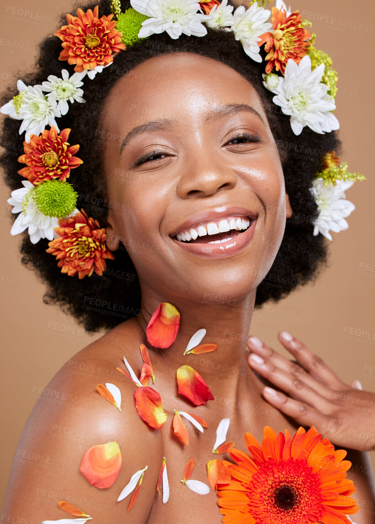 Buy stock photo Flowers crown, beauty and portrait of black woman with smile on brown background in studio. Hair care, cosmetics and happy girl model for natural, organic and healthy hair products for afro in spring