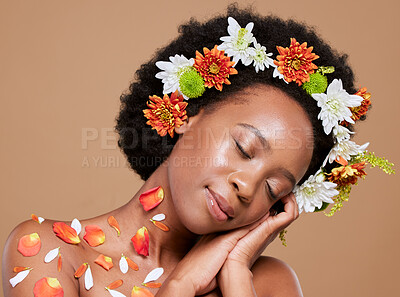 Buy stock photo Flower, crown and black woman relax in studio for beauty, skincare and plant product on brown background. Nature, flowers and woman, skin and wellness model happy, calm and organic, luxury and facial