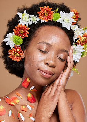 Buy stock photo Beauty flower, crown or relax black woman in brown studio background for beauty, skincare or facial wellness model. Face portrait, skin or luxury girl in spa with flowers or plants for spring in hair