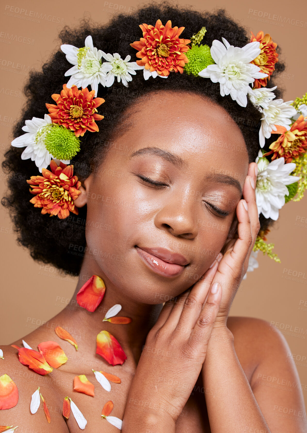 Buy stock photo Beauty flower, crown or relax black woman in brown studio background for beauty, skincare or facial wellness model. Face portrait, skin or luxury girl in spa with flowers or plants for spring in hair