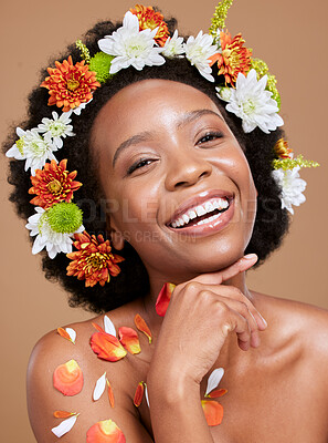 Buy stock photo Black woman, skincare and flowers for natural beauty and skin glow wellness treatment. Portrait of a woman model smile happy about cosmetic plant, hair care and spring organic facial with happiness