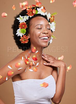 Buy stock photo Art, flowers and woman with crown in studio for hair, wellness and skincare, beauty and plant product on brown background. Happy, black woman and flower crown by girl model excited by nature cosmetic