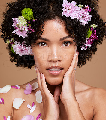 Buy stock photo Beauty, face and black woman with flower art in creative portrait for natural cosmetics advertising against studio background. Skincare, cosmetic treatment and nature aesthetic, clean organic makeup.