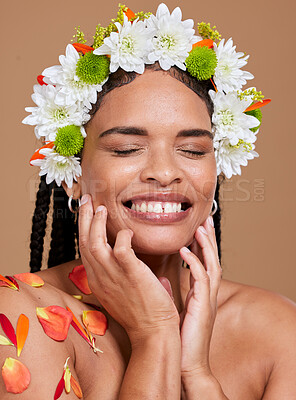Buy stock photo Beauty, skincare and flowers in hair of black woman for natural, spring and self love. Happy, salon and luxury with face of girl model for cosmetics facial, makeup and product in studio background 