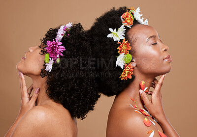 Buy stock photo Flower, skincare beauty and black woman wellness health for cosmetics plant product for organic skin healthcare, natural afro hair care and women relax. Eco friendly, luxury spa and nature treatment 