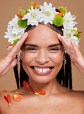 Buy stock photo Flower crown, happy black woman and studio portrait for cosmetic makeup, natural beauty and skincare. Floral fashion, model happiness and girl smile on face for flowers, cosmetics or brown background