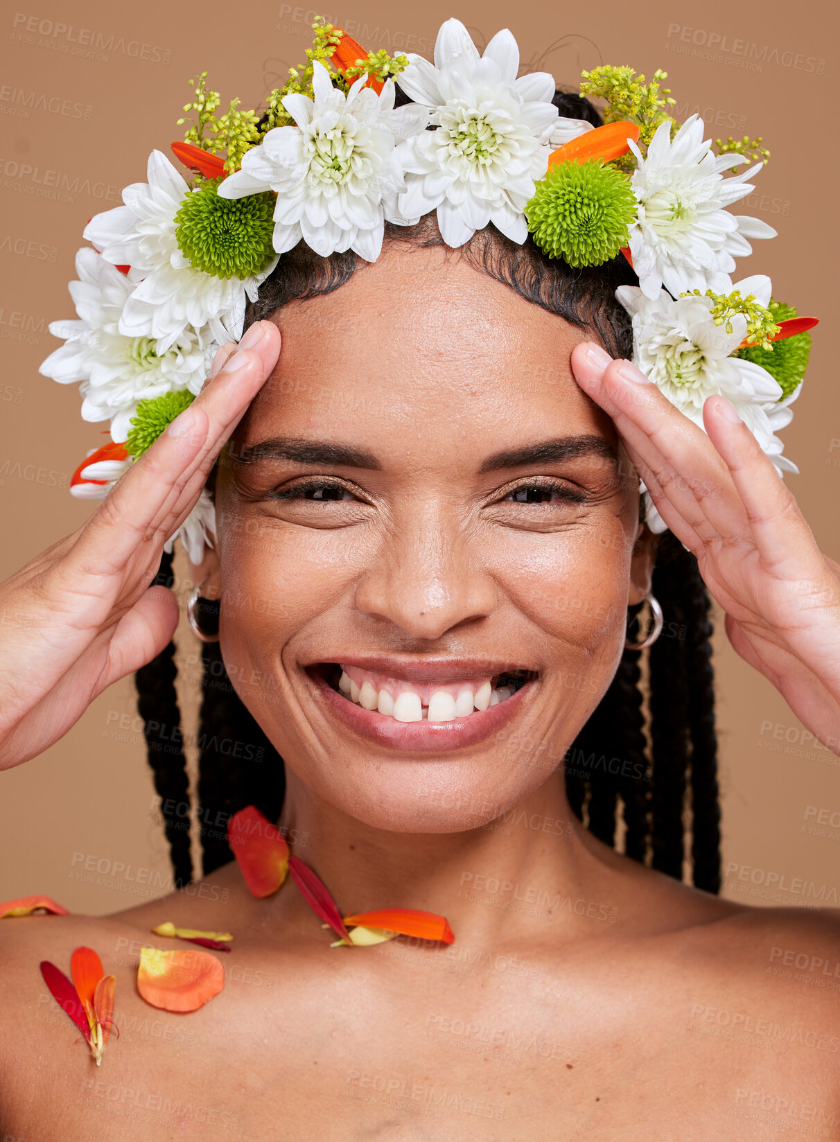 Buy stock photo Flower crown, happy black woman and studio portrait for cosmetic makeup, natural beauty and skincare. Floral fashion, model happiness and girl smile on face for flowers, cosmetics or brown background