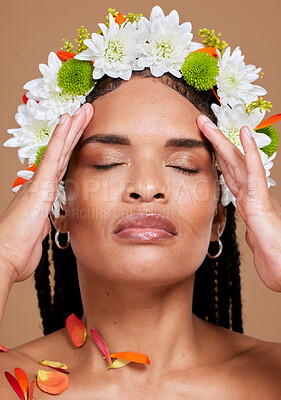 Buy stock photo Beauty, skincare and art, woman with flowers on head in portrait with studio background. Nature, luxury spa and flower crown, natural skin or hair care product for facial or makeup on girl in Mexico.