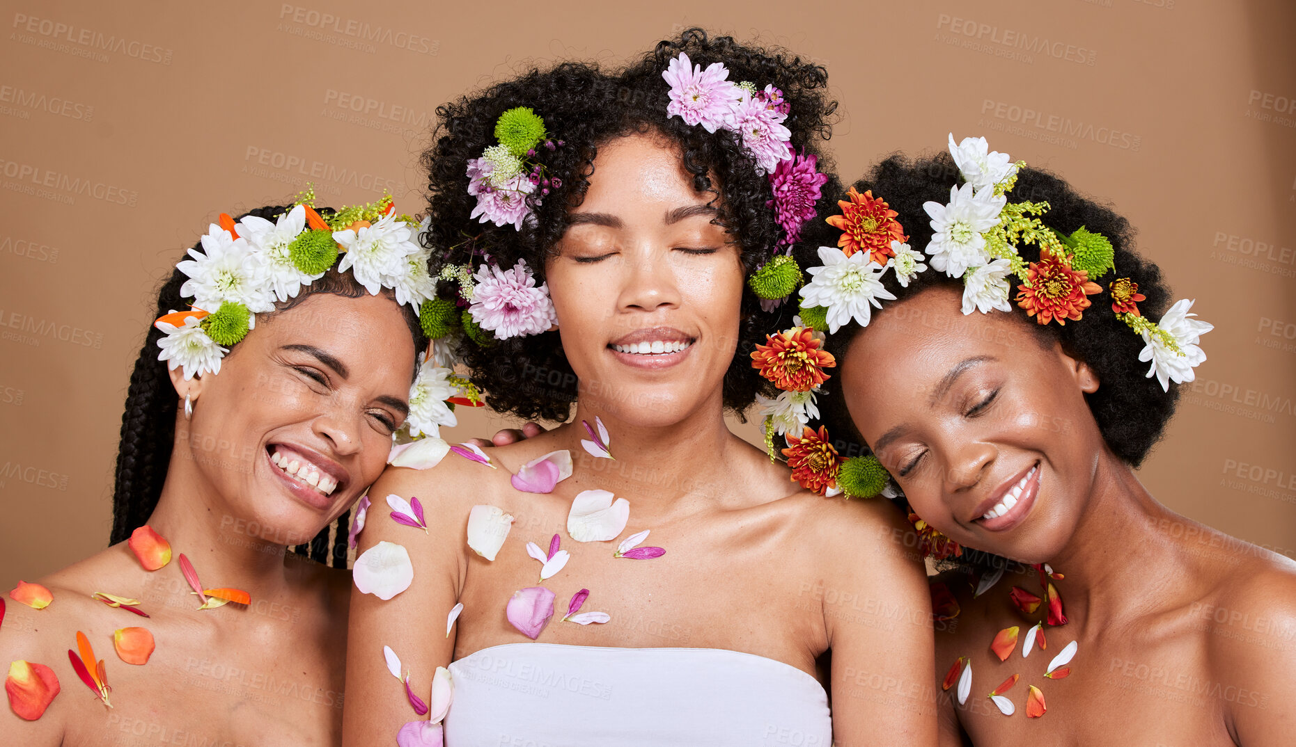 Buy stock photo Beauty, diversity and flowers for natural hair and skincare in studio with women friends together for luxury spa and dermatology mockup. Aesthetic black women happy about organic spring plant product