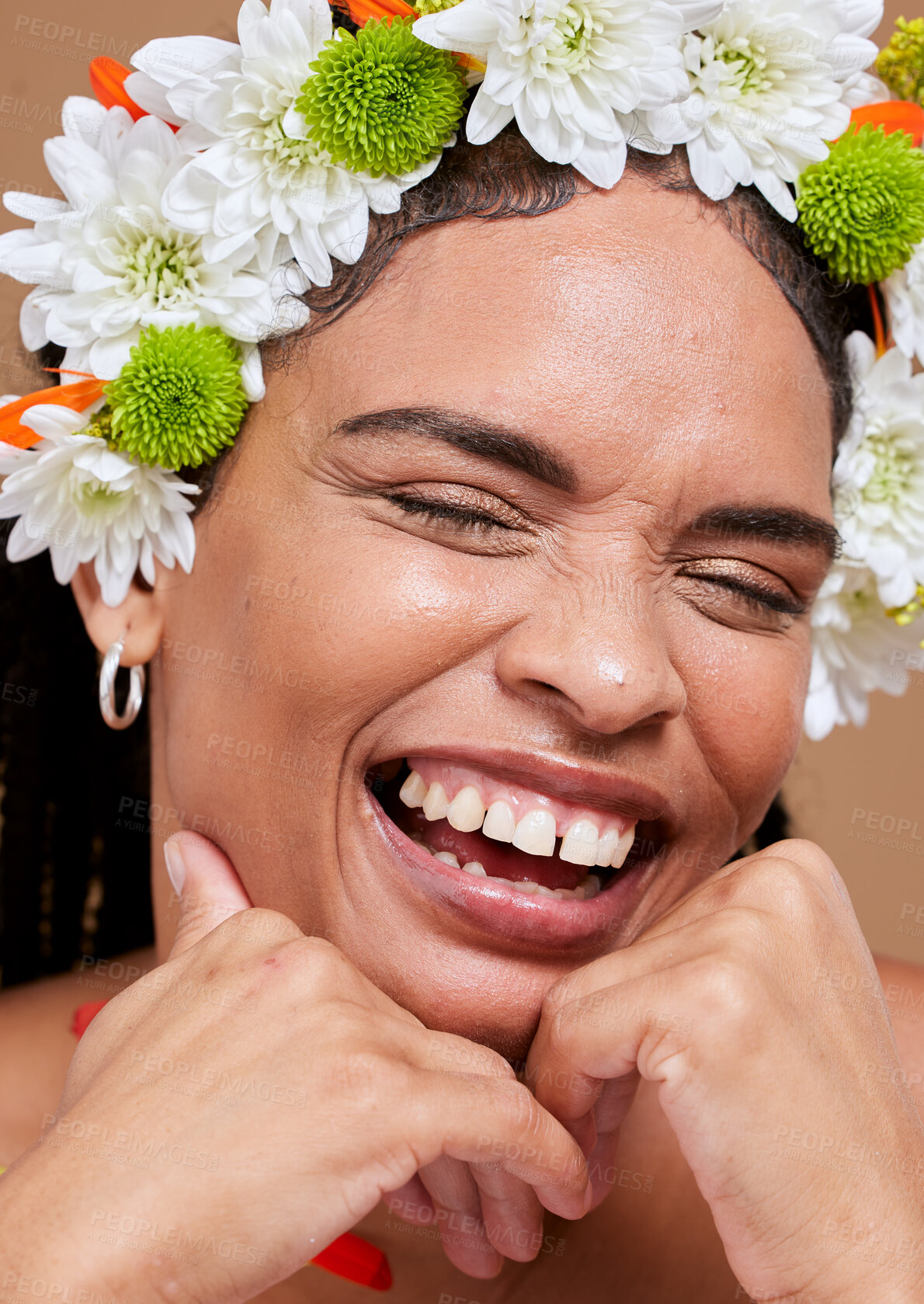 Buy stock photo Flowers, wellness and black woman laughing with skincare, skin face glow and natural cosmetics. Happy young woman model with beauty dermatology, facial product and happiness with luxury treatment