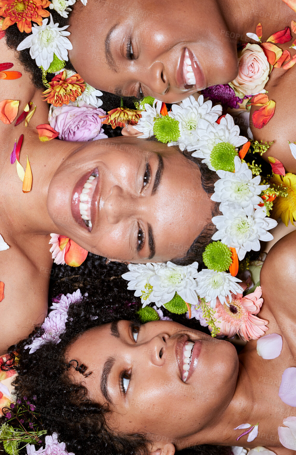 Buy stock photo Black woman, flowers and floral skincare wellness with cosmetics beauty, facial skin treatment and nature plant product mockup. Happy group of women, smile together and spring spa nature background 
