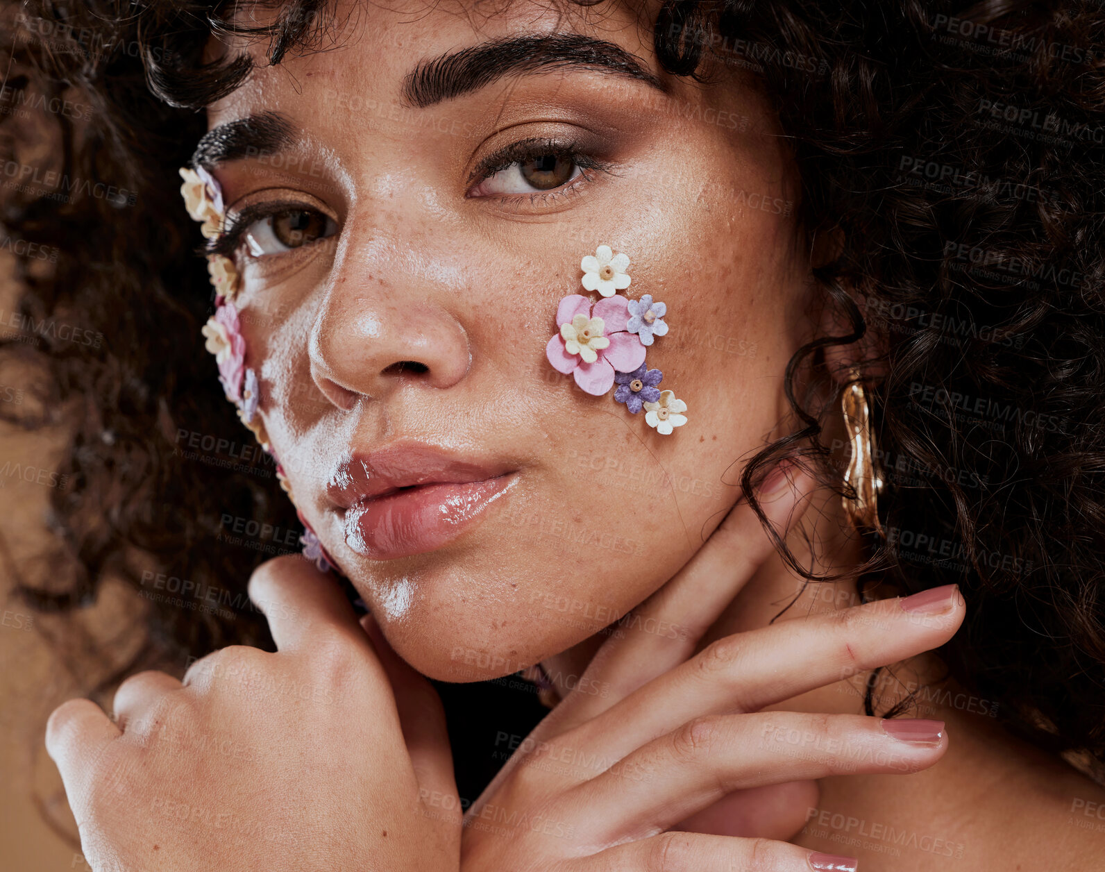 Buy stock photo Beauty, flowers and makeup, portrait of black woman from Brazil with beautiful face on studio background. Nature, luxury makeup and art, natural flower skincare product for facial on fashion model.