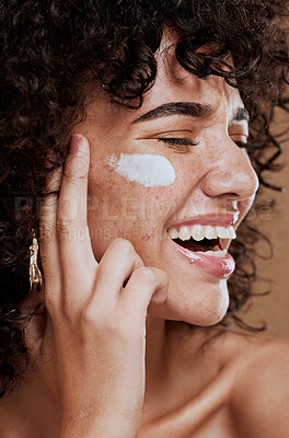 Buy stock photo Happy woman, face cream and beauty, makeup product and sunscreen facial treatment for aesthetic shine. Young model, face freckles and body lotion, cosmetics and healthy skincare, wellness and melasma