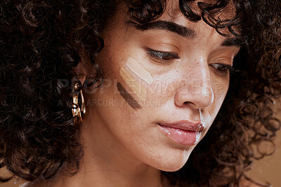 Buy stock photo Woman, beauty and face with makeup and foundation for cosmetics and skintone shade. Cosmetic, beauty face and latino female with colour swatches on her skin for concealer product for cosmotology. 