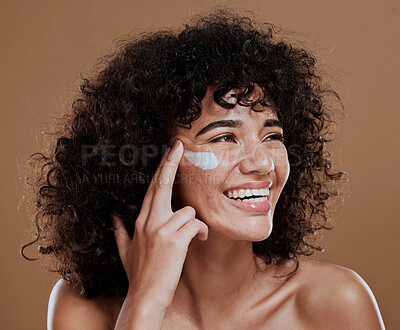 Buy stock photo Black woman, facial cream and skincare wellness of happy face skin glow and sunscreen. Cosmetic, collagen and dermatology lotion of a woman model with a smile from natural cosmetics treatment