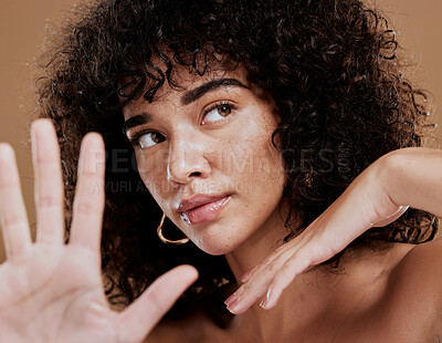 Buy stock photo Black woman, skincare and wellness with facial, wellness and skin health treatment glow. Woman model hands with fashion pose after collagen, botox and cosmetic face beauty with natural benefits