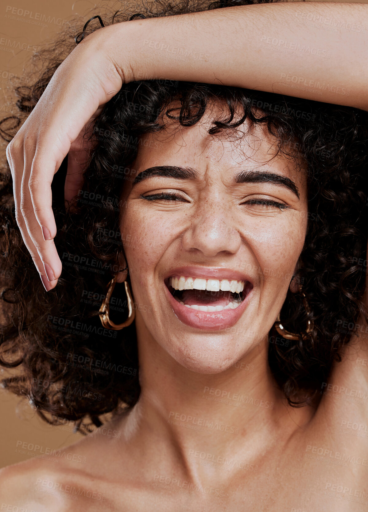 Buy stock photo Black woman, skincare and beauty wellness of a model laughing from skin glow and health shine. Microblading, luxury facial and happy woman face smile about cosmetic dermatology and healthy hair
