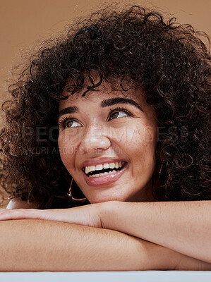 Buy stock photo Beauty, skincare and portrait of happy black woman with smile on face and studio background. Afro, big smile and happy woman with glowing skin, health and wellness with healthy lifestyle in Brazil.