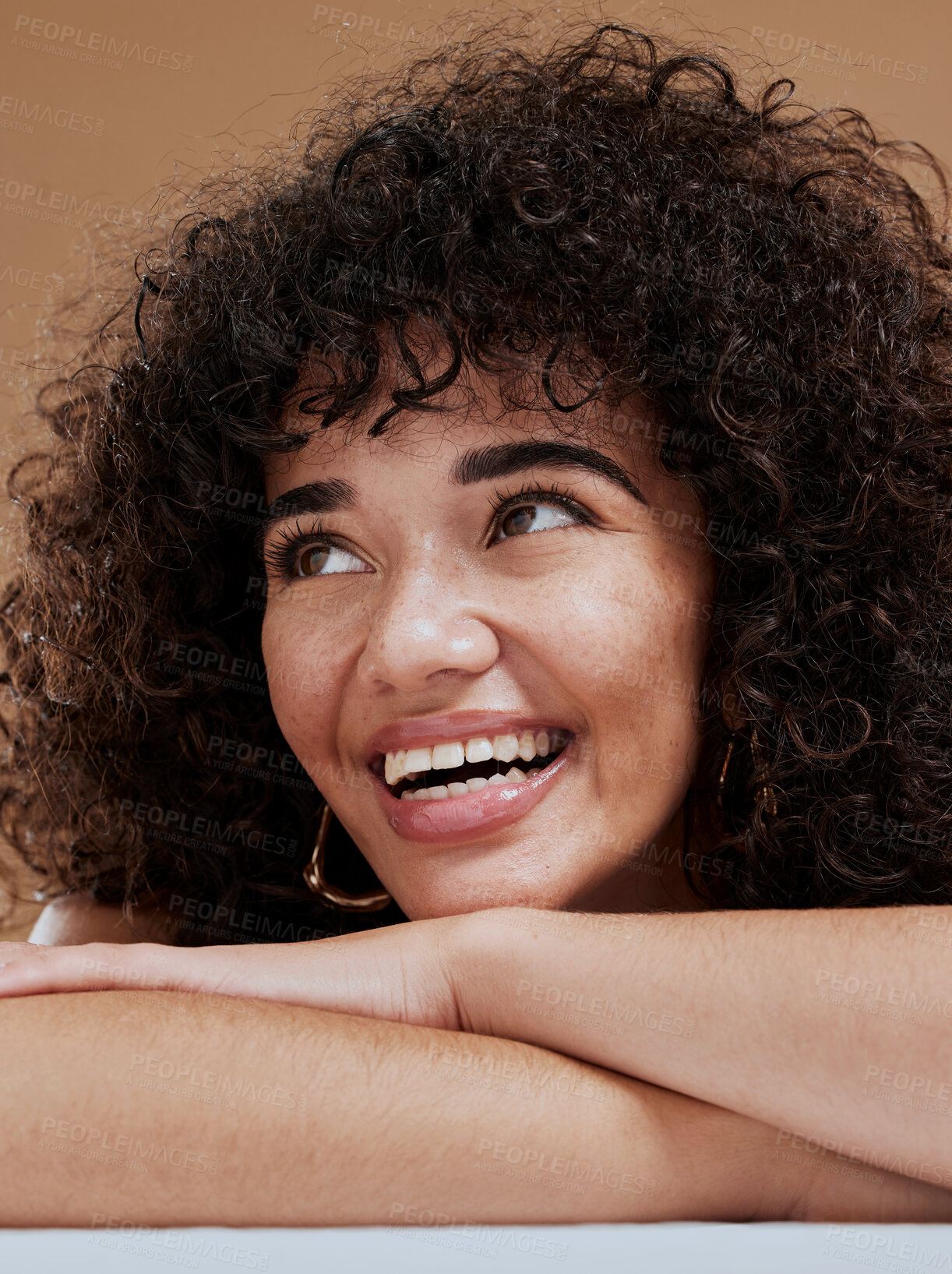 Buy stock photo Beauty, skincare and portrait of happy black woman with smile on face and studio background. Afro, big smile and happy woman with glowing skin, health and wellness with healthy lifestyle in Brazil.