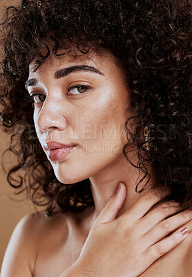 Buy stock photo Skincare, hair care and face of a woman with makeup, beauty and natural glow against a brown studio background. Salon, luxury and portrait of a model with cosmetics and wellness care for afro hair