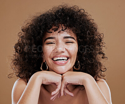 Buy stock photo Beauty, skincare and black woman in studio with natural hair and happy about cosmetics, makeup and dermatology product on brown background. Happiness, dermatology and self love of an African model