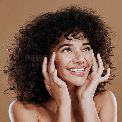 Buy stock photo Beauty, woman and skincare, health and wellness for a Latin female on a brown studio background. Skin care, body care and healthy lady with clear, smooth and glowing skin with happiness 