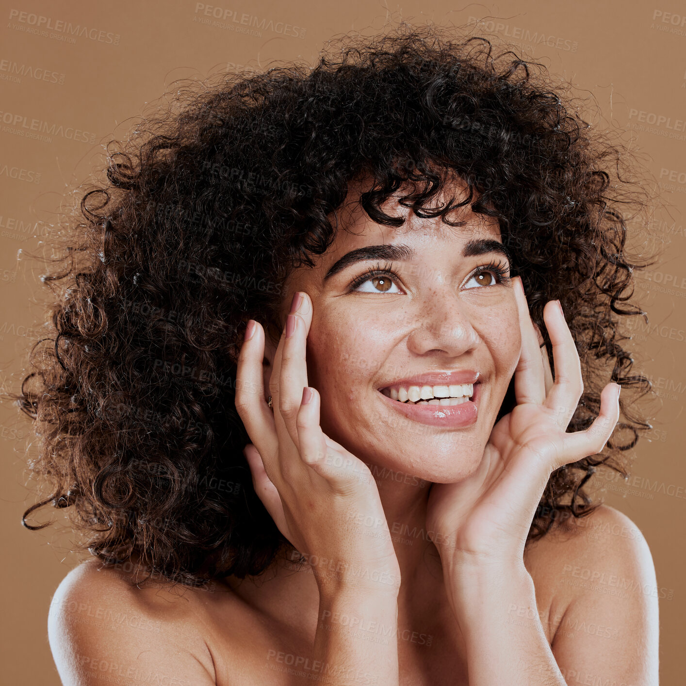 Buy stock photo Beauty, woman and skincare, health and wellness for a Latin female on a brown studio background. Skin care, body care and healthy lady with clear, smooth and glowing skin with happiness 
