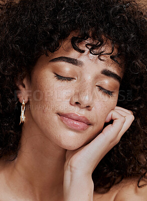 Buy stock photo Woman, face skincare and makeup with closed eyes for luxury. Wellness or cosmetics microblading aesthetic. African girl, facial care and relax skin glow, natural self care spa and healthy dermatology