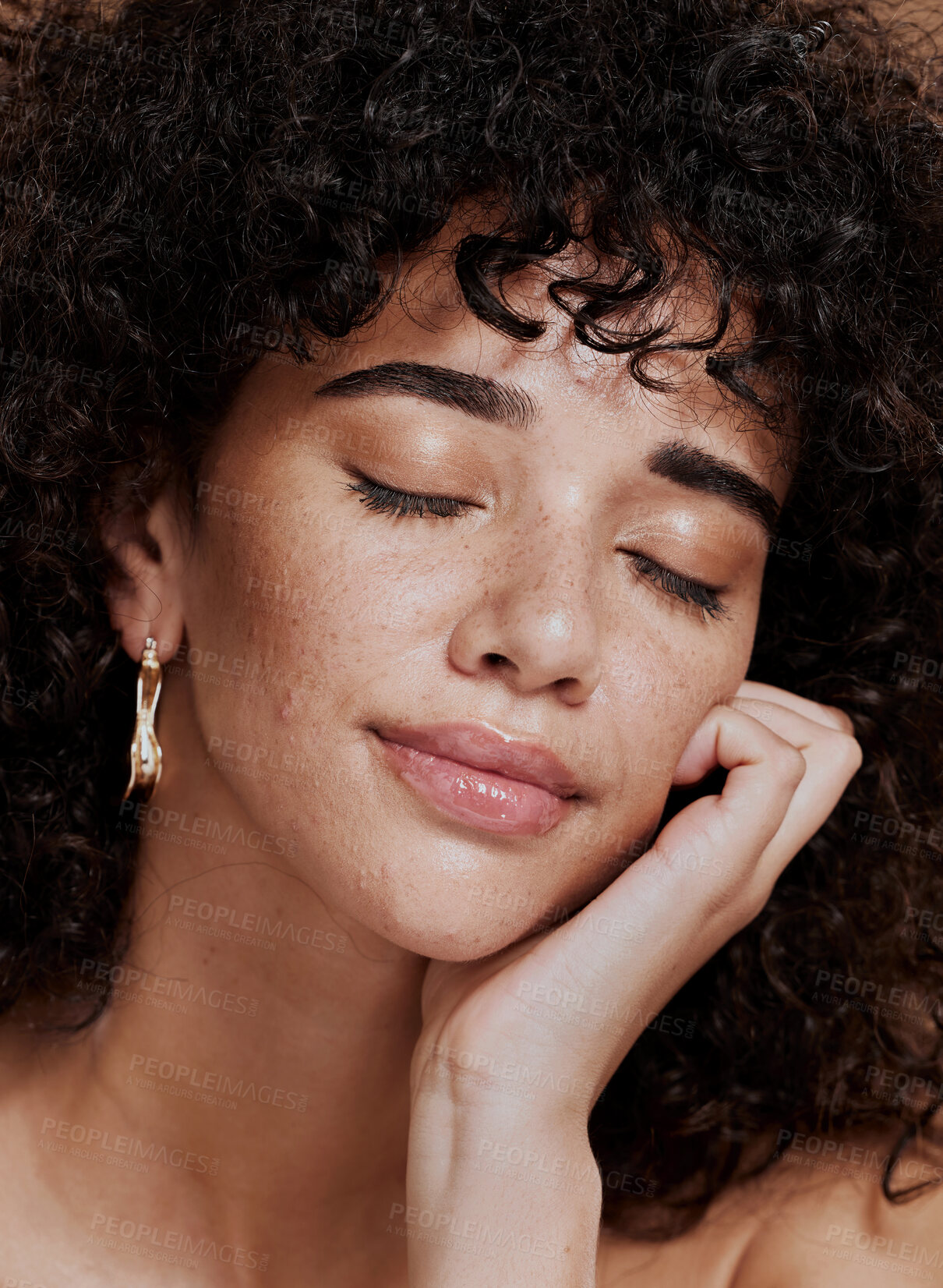 Buy stock photo Woman, face skincare and makeup with closed eyes for luxury. Wellness or cosmetics microblading aesthetic. African girl, facial care and relax skin glow, natural self care spa and healthy dermatology