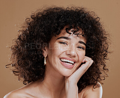 Buy stock photo Face portrait, makeup and beauty of woman in studio isolated on a brown background. Cosmetics, aesthetics and young female model from Brazil happy and satisfied with skincare routine for healthy skin