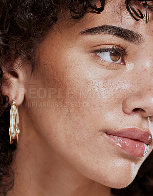 Buy stock photo Closeup, woman and skincare for wellness, natural beauty and confident for makeup brand and fresh. Makeup, female or healthy girl happy, with freckles and smooth face for organic facial and cosmetics